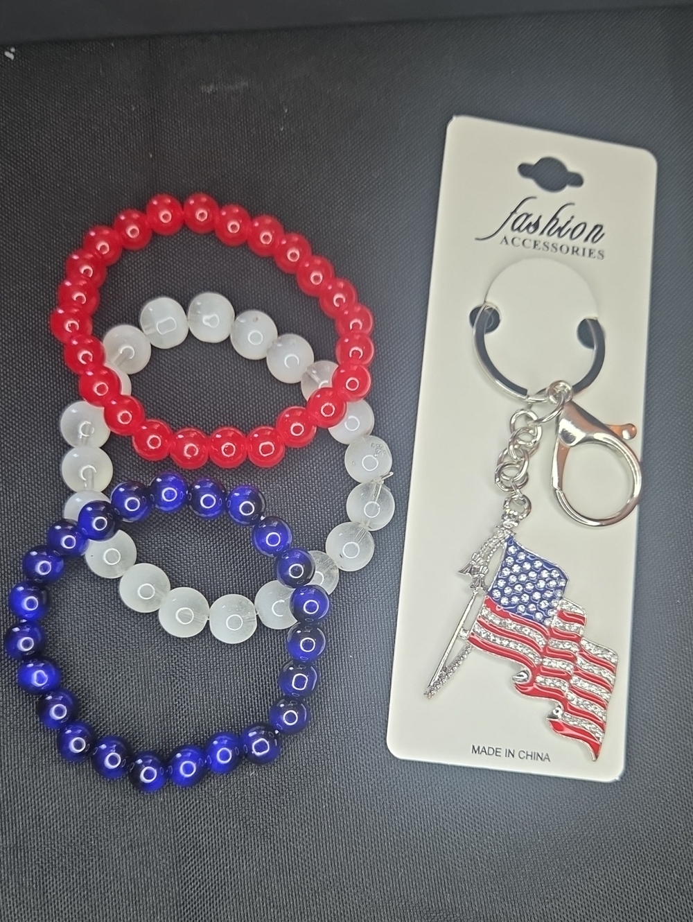 SALE! Patriotic Beaded Bracelet Trio and American Flag Keychain